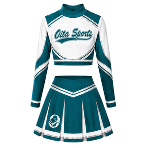 Teal White Sublimated Cheer <b>Long</b> Sleeve Uniform Set <b>Pleated</b> <b>Skirt</b> Athletic Team Sportswear Training Practice Performance Custom - Product Image 2