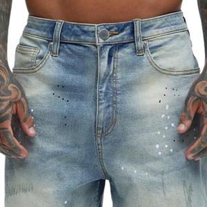 Shorts en jean bleu clair pour homme 100 % coton, cinq poches, coupe droite, décontracté, longueur genou, ourlet brut, effet éclaboussures, séchage rapide - Product Image 3