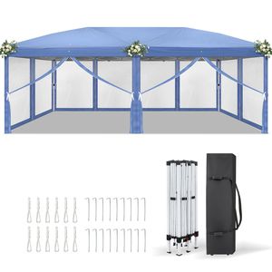 Tenda a Baldacchino Istantanea Blu 10x20 ft con 6 Pannelli in Rete, 2 Porte, 4 Lati in Rete, Telaio in Ferro Verniciato a Polvere, Gambe 28/22mm, 10-20m - Product Image 4