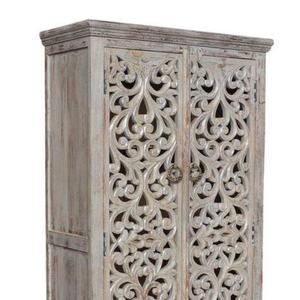 Luxury Handcrafted Solid Wood 2 Door <b>Wardrobe</b> Ornate Filigree Scroll Carving Distressed White Armoire - Product Image 5