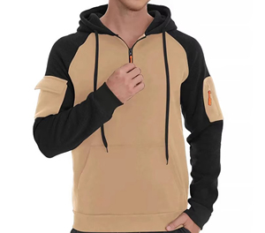 Sweat-shirt à capuche pour homme, demi-zip, manches raglan, couleur unie, polaire, décontracté, pour l'automne, coupe classique, beige, noir - Product Image 1