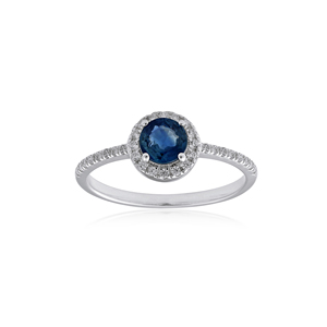 Anillo de compromiso de plata de ley 925 con rodio, zafiro azul, circonita cúbica, halo y engaste de garras, piedra central, venta al por mayor - Product Image 1