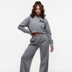 Womens Khaki Beige <b>Cropped</b> <b>Zip</b>-<b>Up</b> Hooded Tracksuit Cotton Fleece Matching Two Piece Wide Leg Pants SeTS - Product Image 6