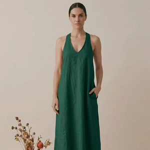 Vestido de playa de algodón para mujer, sin mangas, cuello en V, largo hasta el suelo, ajuste holgado, venta al por mayor, ropa de verano para resort, informal, liso, hecho a mano - Product Image 1