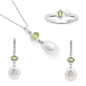 Premium Quality Bulk Product 925 Sterling <b>Silver</b> Peridot Fancy & Pearl Oval Gemstone Fine Jewelry <b>Set</b> Of <b>Ring</b> Earrings Necklace - Product Image 1