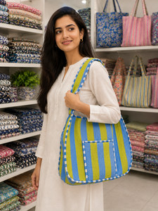 Bolso Tradicional Indio con Patrón de Rayas Azul Verde, Bolso de Compras para Mujer, Estilo Ligero para Todas las Temporadas - Product Image 1