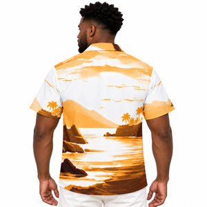 Chemise hawaïenne tropicale pour homme, blanche, dorée et marron, à imprimé paysage de plage, à manches courtes, boutonnée, pour les vacances à la station balnéaire, l'été et les loisirs en camping - Product Image 1