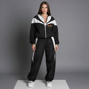 Ensemble de survêtement sportif 2 pièces personnalisé pour femme, coupe ample à manches longues, col marin, fermeture éclair, blocs de couleur, brodé, jambes larges - Product Image 1