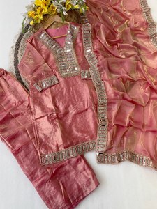 Nouvelle tenue de soirée pour femme TENNECY, Salwar Kameez Dupatta, en soie Vichitra extensible, sans plis, longueur genou, pour mariage - Product Image 3