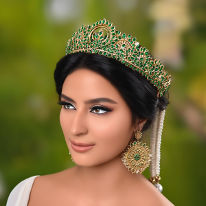 Green Kemp Rhinestone Sun and Moon Wedding Tiara with Pearls Alloy with Gold Plating Lightweight Modern Bridal Hair Accessory - Product Image 3