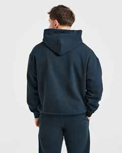 Sweat-shirt à capuche bleu foncé pour homme, coupe ample, en molleton de coton, décontracté, pour l'automne, avec poche avant, manches classiques, tricoté - Product Image 6