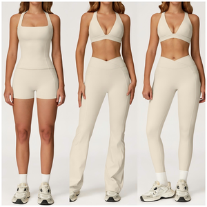Ensemble de yoga noir sans coutures, haut court à bretelles en V, short taille haute avec poches, extensible dans quatre directions, 100% polyester respirant, 3 pièces - Product Image 6