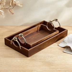 Plateau de service rectangulaire en bois couleur café durable avec poignées en fer doré, multifonctionnel, pour thé et nourriture, pour la cuisine - Product Image 1