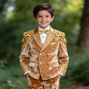 ชุดทักซิโด้กำมะหยี่สีน้ำตาลทองสำหรับเด็กผู้ชาย ชุดสูทสำหรับงานแต่งงานและงานปาร์ตี้ ชุดสูทสำหรับงานพิธีการ - Product Image 1