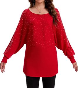 Pull en tricot surdimensionné rouge pour femme avec motif à pois pailletés, manches chauve-souris, col rond, haut long d'hiver - Product Image 1