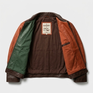 Blouson aviateur en cuir marron pour homme avec design patchwork coloré, col rabattable, fermeture éclair, style décontracté automne - Product Image 5