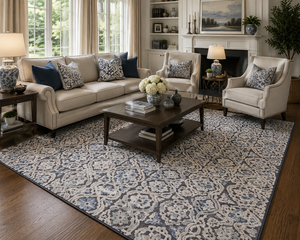 Tapis d'intérieur vintage en laine tuftée à la main, crème, bleu, gris, motif floral traditionnel, écologique, tapis de luxe pour salon - Product Image 6