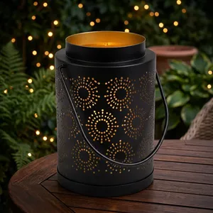 Matte Black Metal Candle <b>Lantern</b> With <b>Gold</b> Dot Pattern Cylinder Home Decoration - Product Image 4