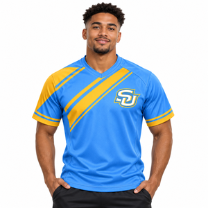 Camiseta Deportiva Personalizada de la Universidad del Sur (SU) de Fútbol Americano, Estilo HBCU, Azul y Dorado, Cuello en V, Sublimación, Venta al Por Mayor - Product Image 3