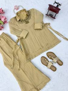 Conjunto de Traje Indio Pakistaní para Mujer, Top Beige de Mezcla de Lino y Pantalones Anchos con Cuello Bordado, Ropa Casual para Festivales - Product Image 4