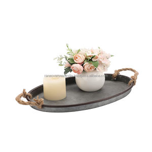 Plateau ovale élégant en métal galvanisé avec poignée en corde Pièce maîtresse décorative parfaite pour les tables basses, les mariages et les fêtes - Product Image 5