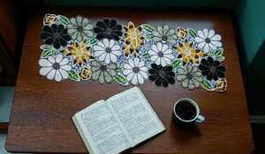 Handmade Floral Embroidered Table <b>Runner</b> Rectangle Fabric Mats Bohemian Design <b>Black</b> Gold White Yellow Pattern - Product Image 1