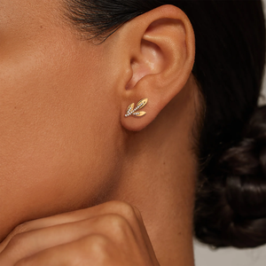 Women's 18K Gold Plated Diamond Leaf <b>Stud</b> <b>Earrings</b> Minimalist Everyday Wear G Color Round Brilliant Cut Lab grown Diamond - Product Image 1