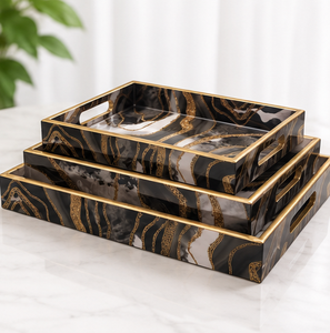 Luxury <b>Black</b> Marble Resin Serving Tray Set Handmade Decorative Coffee <b>Table</b> Ottoman <b>Vanity</b> Display Tray Set Custom - Product Image 1