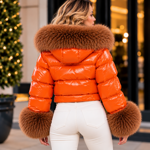 Chaqueta Bomber de Cuero Personalizada para Mujer con Capucha y Puños de Peluche / Chaqueta de Invierno al por Mayor - Product Image 4