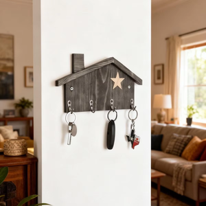 Porte-clés mural en bois avec étagère et crochets métalliques durables, idéal pour l'entrée, la décoration de la maison et l'organisation du bureau - Product Image 1