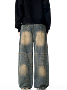 Jeans al por mayor personalizados para hombre, estilo urbano, hip hop, con dobladillo sin rematar, holgados, descoloridos por el sol, de corte recto, azul oscuro, de pierna ancha - Product Image 3