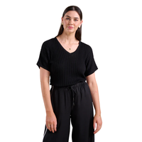 Haut en tricot côtelé à col en V pour femme, manches courtes, coupe ajustée, pull décontracté d'été, extensible et doux, élégant, à porter au quotidien, chemisier pour femme