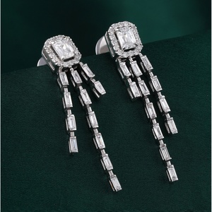 2.27 CT Emerald Cut Lab Grown <b>Diamond</b> Halo Baguette Fringe Drop <b>Earrings</b> in 14K Gold - Product Image 4