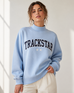 Trackstar Powder Blue Mock Neck Sweatshirt with <b>Navy</b> Varsity Letters Two Ivory Stars Plain Rib Long Sleeve Casual Pullover <b>Top</b> - Product Image 1