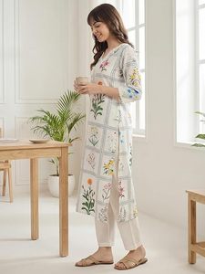 Women's <b>Linen</b> Floral Printed Straight Calf Length Kurta & Pant Set - Product Image 2