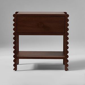 <b>Teak</b> Wood Nightstand Scalloped Edge Legs 1 Drawer <b>Bedside</b> <b>Table</b> with Large Wood Knob - Product Image 2