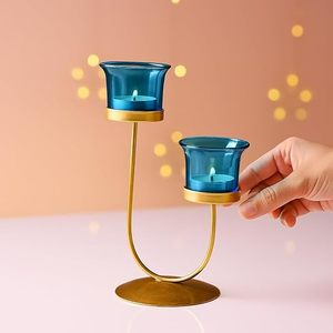 Porte-bougie double en verre bleu avec support en métal doré, décoration d'intérieur - Product Image 2