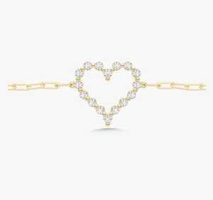 Pulsera de Oro Sólido de 14k y 18k con Corazón Abierto y Diamantes Redondos, Engaste de Garras, Minimalista, para Uso Diario, Delicada, con Cadena Tipo Paperclip - Product Image 1