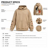 Sweat à capuche surdimensionné personnalisé OEM, beige sable, imprimé abstrait, manches effet éclaboussures de peinture, coupe carrée, streetwear