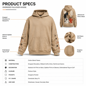 เสื้อฮู้ดดี้โอเวอร์ไซส์สีเบจทรายแบบสั่งทำพิเศษสำหรับ OEM พิมพ์ลายศิลปะนามธรรมด้านหลัง แขนเสื้อแบบสาดสี สไตล์สตรีทแวร์ทรงบ็อกซี่ - Product Image 5