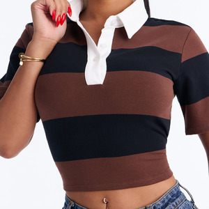 Polo court rayé pour femme, manches courtes, coupe ajustée, style tendance, boutonné, personnalisable, vente en gros - Product Image 6