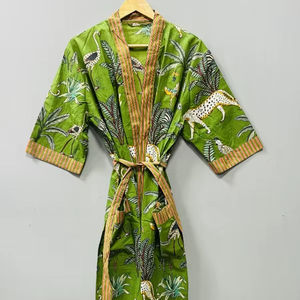 Cotton V-neck Kimono Robe Dressing Gown Block Print Front Bridesmaid Robe Drawstring Closure Sleeveless Summer <b>Nightwear</b> Soft - Product Image 1