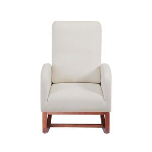 Sedia a dondolo da interno in flanella beige con schienale alto e gambe marroni, sedia da soggiorno con tasca laterale - Product Image 4