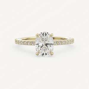 Bagues de fiançailles solitaires ovales en diamant de laboratoire, personnalisées en or massif 10K 14K 18K, avec accents de diamants taille ronde sur les bandes, vente en gros - Product Image 1