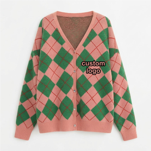 <b>Custom</b> Pink Green Argyle Knitted Cotton Breathable V-Neck Button Sorority Cardigan Women Casual Sweater Long Sleeve Regular Fit - Product Image 1