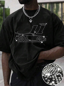 เสื้อยืดผู้ชายสไตล์สตรีทแวร์ Y2K ปี 2026 ผ้าคอตตอนเจอร์ซีย์เนื้อหนา พิมพ์โลโก้ตามสั่ง ประดับคริสตัล 3 มิติ ทรงโอเวอร์ไซส์ ไหล่ตก - Product Image 2