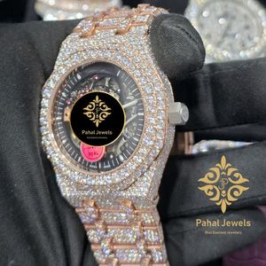 Montre mécanique squelette pour homme en or rose, sertie de moissanite - Product Image 3
