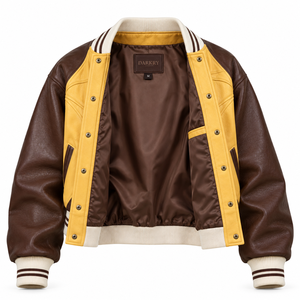 Custom Unisex Yellow Brown Real <b>Leather</b> Varsity <b>Jacket</b> Embossed Logo Back Two Tone Letterman Baseball <b>Bomber</b> Coat Outerwear - Product Image 5