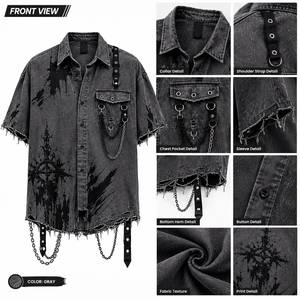 Mens Distressed <b>Gothic</b> Chain Short Sleeve Anti-Wrinkle 100% Cotton Button-Up <b>Shirt</b> Punk Streetwear Oversized Casual - Product Image 1