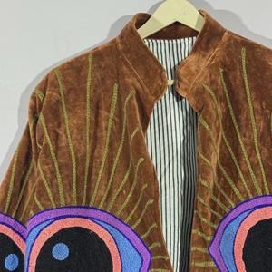 Handmade Finished Embroidered <b>Velvet</b> Short Suzani <b>Jacket</b> for <b>Women</b> Eco-Friendly Breathable Reversible Cotton Lining Autumn - Product Image 2